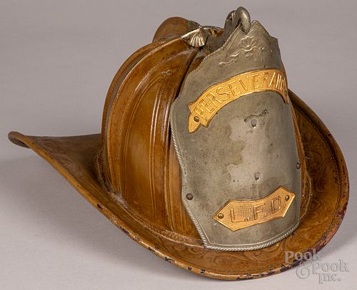 John Olson leather fire helmet, early 20th c.