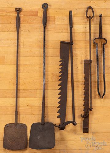 Group of wrought iron fire tools, early 19th c.