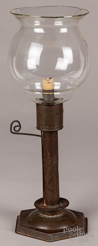Tin push-up candlestick, with blown glass shade
