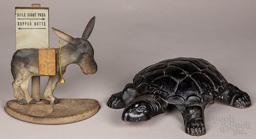 Cast turtle spittoon and a donkey match holder