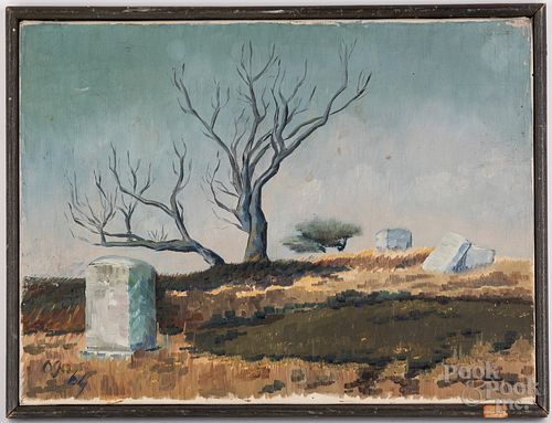Oil on canvas landscape of cemetery