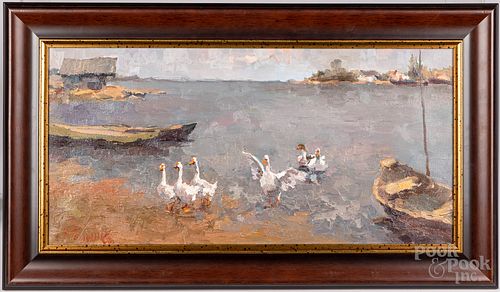 Russian oil on canvas impressionist lakeside