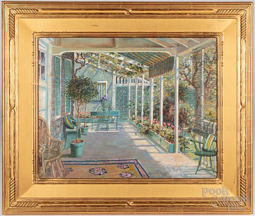 Oil on canvas interior view of a porch