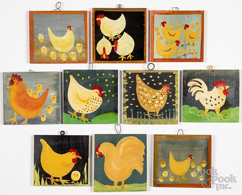 Ten Barbara Strawser oil chicken paintings