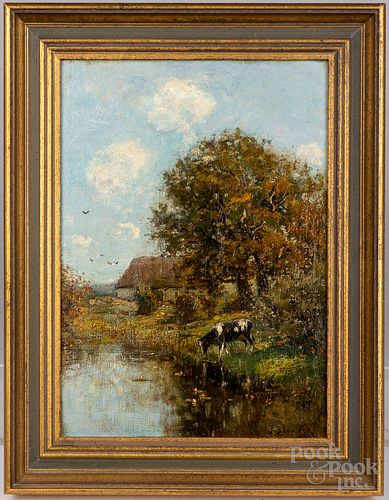 Oil on artist board landscape with cow