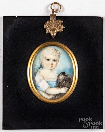 Miniature watercolor portrait of a child with dog