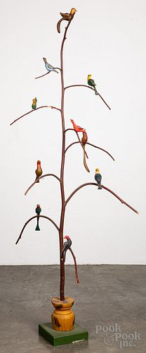 Large carved and painted bird tree