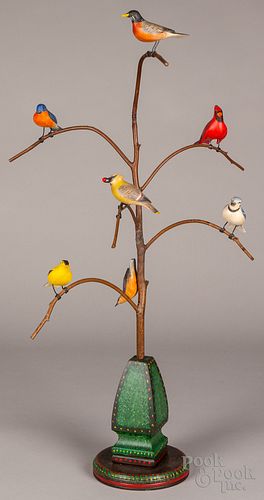 Contemporary carved and painted bird tree