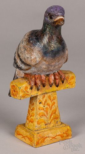 Tom Head carved and painted pigeon on perch