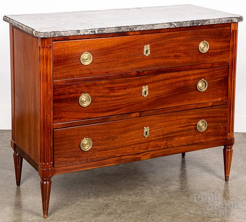 French fruitwood marble top chest of drawers