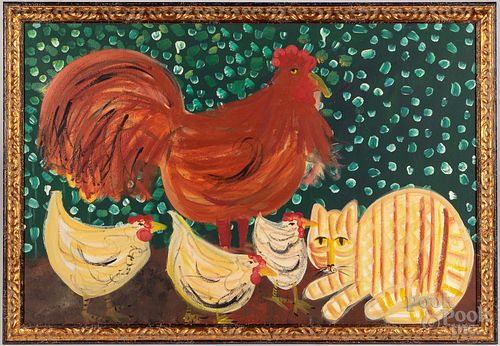 Barbara Strawser portrait of chickens and cat