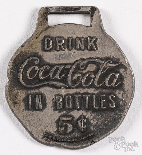 Coca-Cola white metal watch fob, for 5 cent bottle