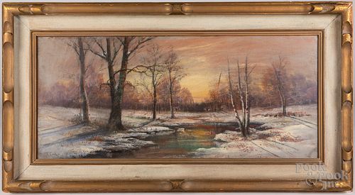 Pastel winter landscape of a wooded creekside