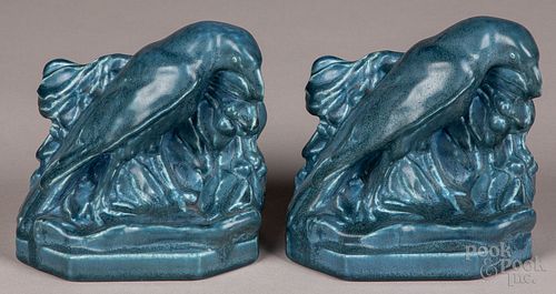 Pair of Rookwood art pottery raven bookends