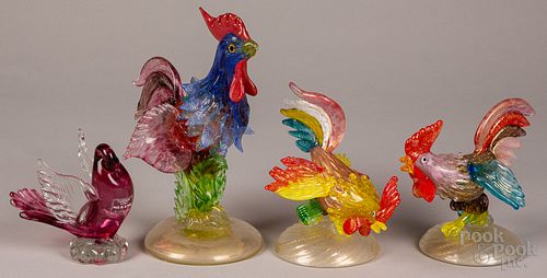 Three Italian Venetian art glass roosters