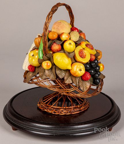 Victorian wax fruit basket under dome, late 19th c