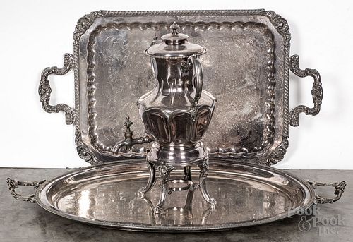 Two silverplated serving trays and hot water urn
