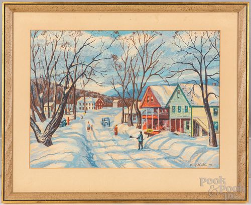 Harry Shokler watercolor on paper winter townscape