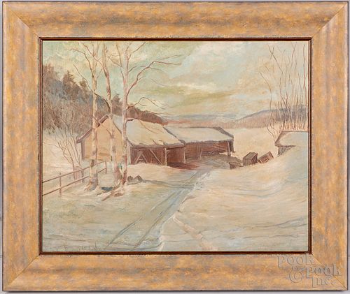 Oil on artist board winter landscape, mid 20th c.