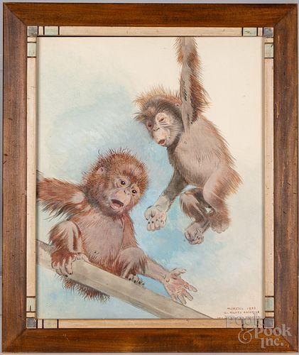 Julius Moessel watercolor on paper of monkeys