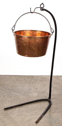 Copper kettle on wrought iron stand, 19th c.