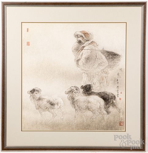 Chinese watercolor figure and rams