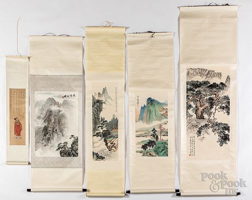 Five oriental watercolor scrolls