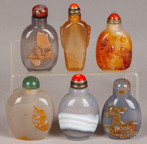 Six Chinese carved agate snuff bottles