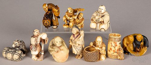 Ten Japanese carved bone netsukes