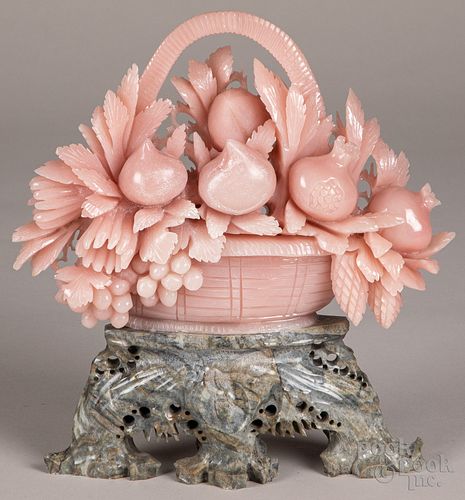 Large Chinese carved pink quartz basket