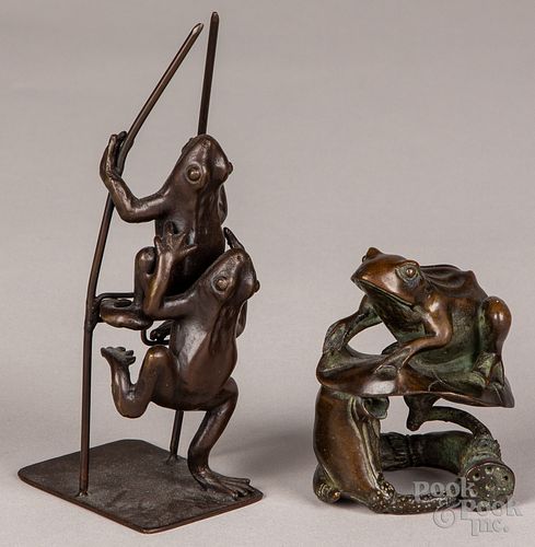 Two Japanese bronze frog figures