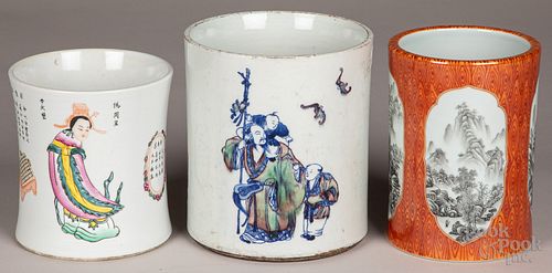 Three Chinese porcelain brush pots
