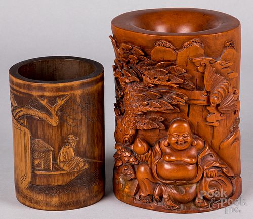 Two Chinese carved wood brush pots