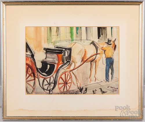 Watercolor of a horse drawn carriage