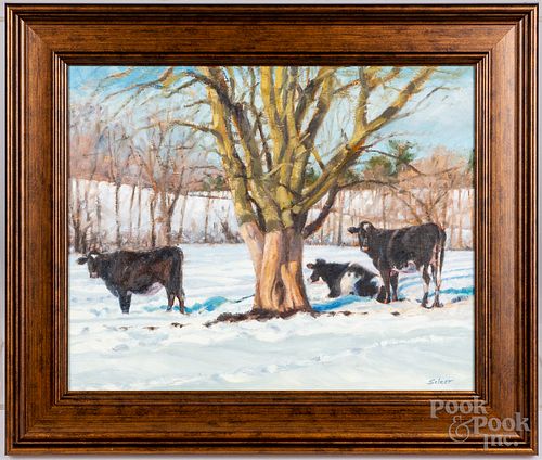Contemporary oil on artist board of cows in winter