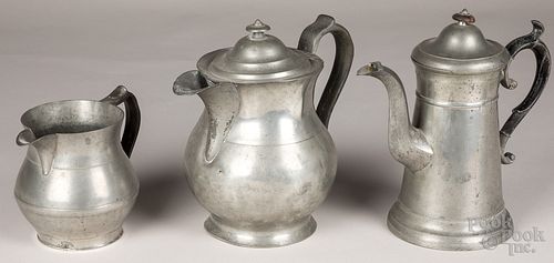 Maine pewter coffee pot, 19th c. and two pitchers