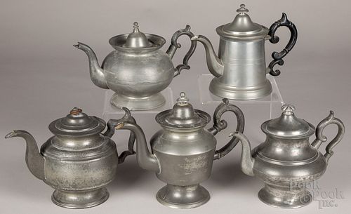 Five American pewter teapots, 19th c.