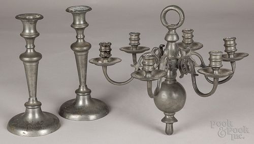 Pewter candelabra and pair of candlesticks