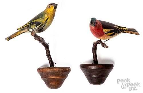 Two carved and painted songbirds, 19th c.