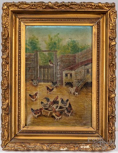Oil on canvas barnyard of chickens, ca. 1900
