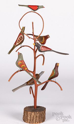 Daniel Strawser carved and painted bird tree