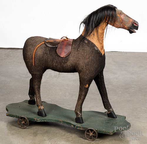 Large mohair platform horse pull toy, 19th c.
