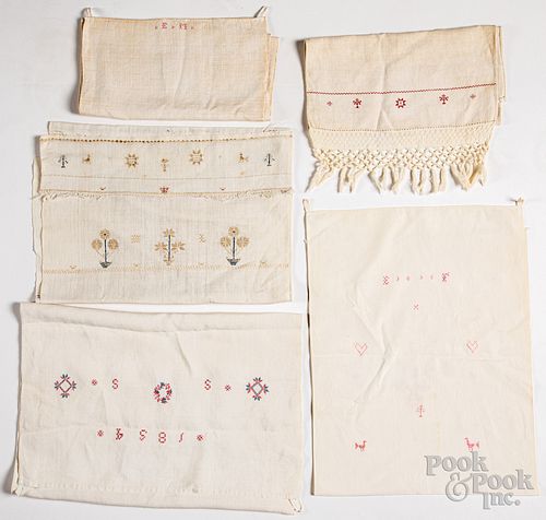 Five Pennsylvania embroidered show towels, 19th c.