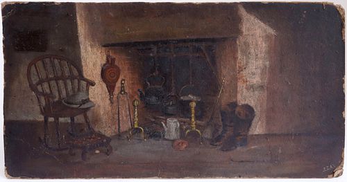 Lydia L. Avery Oil on Artist's Board "Old Fireplace in Nantucket", circa 1882