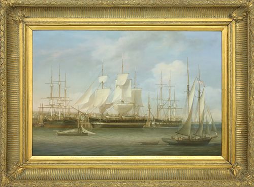 Louis Dodd Oil on Panel "Whaleship Drying Her Sails in Nantucket Harbor"