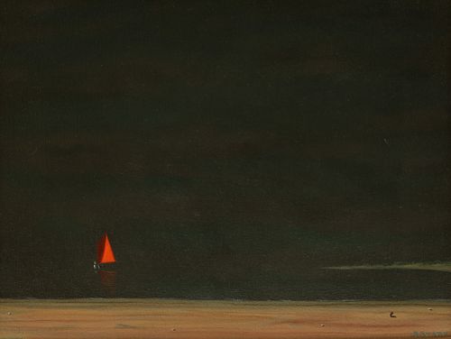 Robert Stark Jr. Oil on Canvas "Red Sail Approaching Shore at Evening"