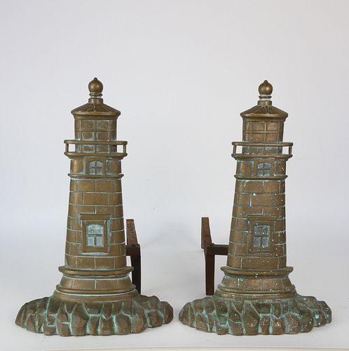 Pair of Vintage Bronze Figural Lighthouse Andirons