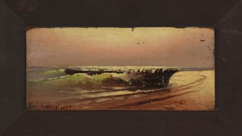 Wendell Macy Oil on Door Panel "Washashore Shipwreck", circa 1887