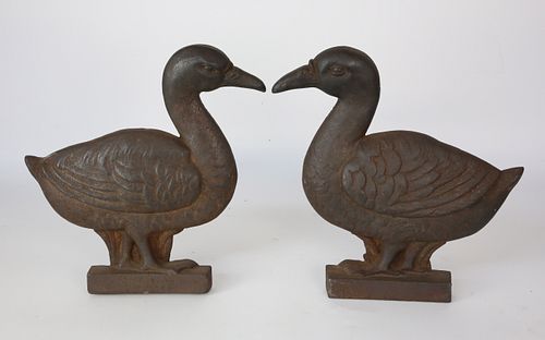 Rare Pair of Antique Cast Iron Figural Standing Duck Andirons, 19th Century