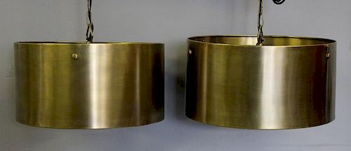 Pair of Modern Brushed Brass Drum Shade Fixtures.